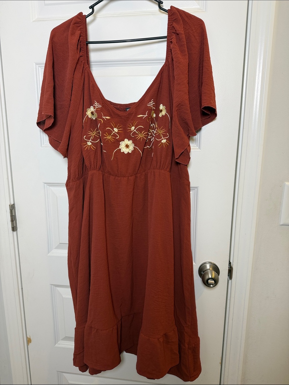 Plus Size Rust Embroidered Flutter Sleeve Women's Dress 3X/4X